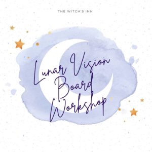 Crescent moon surrounded by stars with the text Lunar Vision Board Worship